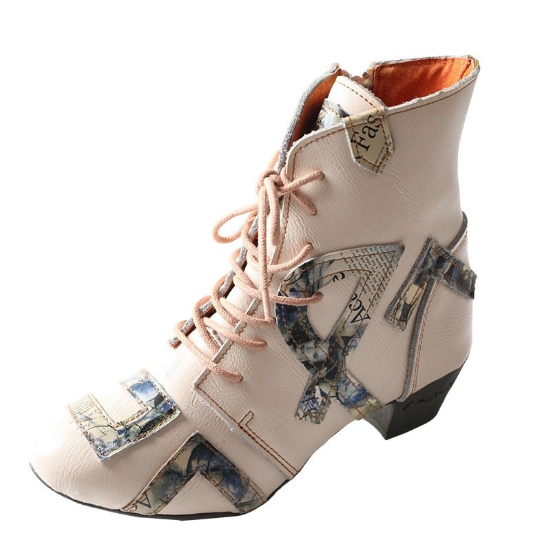 Hand Stitched Pebbled Cowhide Newspaper Appliqué Booties - Ideal Place Market