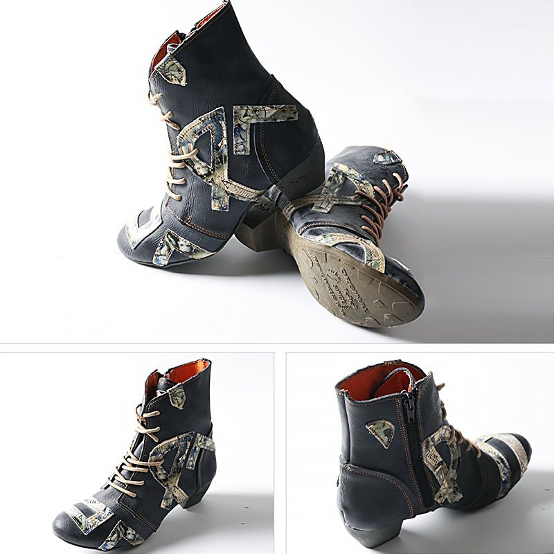 Hand Stitched Pebbled Cowhide Newspaper Appliqué Booties - Ideal Place Market