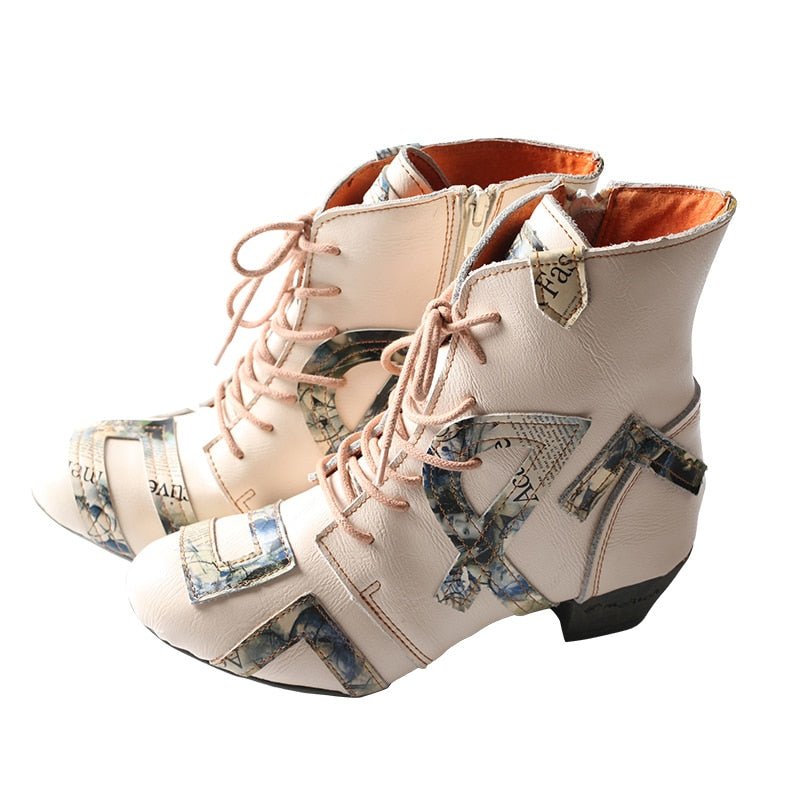 Hand Stitched Pebbled Cowhide Newspaper Appliqué Booties - Ideal Place Market