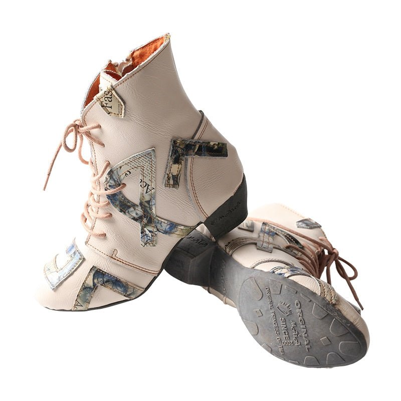 Hand Stitched Pebbled Cowhide Newspaper Appliqué Booties - Ideal Place Market