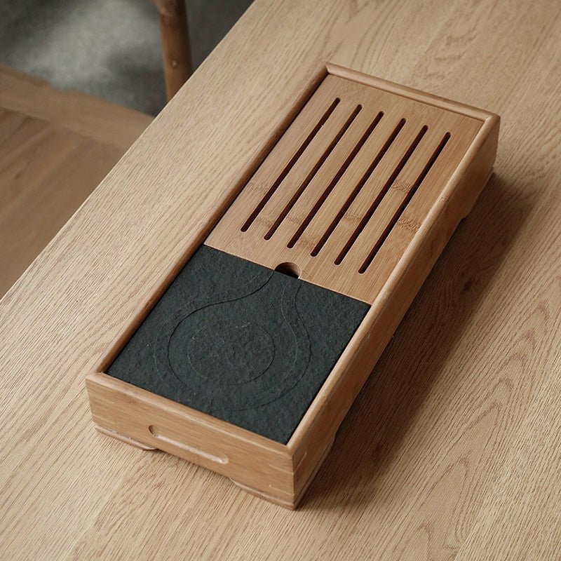 Handmade & Etched Black Stone and Bamboo Japanese Tea Tray - Ideal Place Market