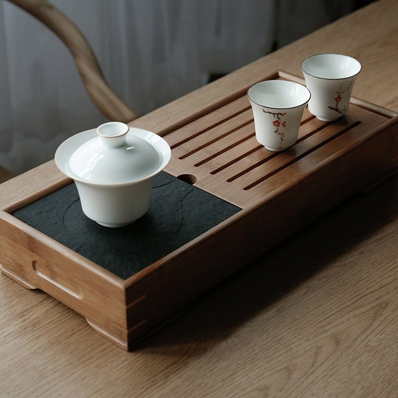 Handmade & Etched Black Stone and Bamboo Japanese Tea Tray - Ideal Place Market