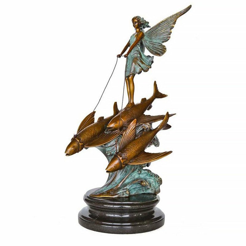 Handmade "Fairy Riding Flying Fish" Bronze Sculpture with Marble Base - Ideal Place Market