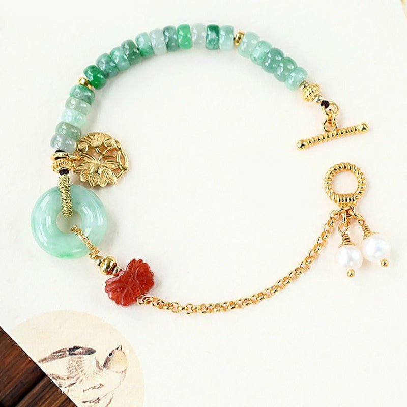 Handmade Jade, Pearl, & Red Agate Butterfly Bracelet with 18K Charm - Ideal Place Market