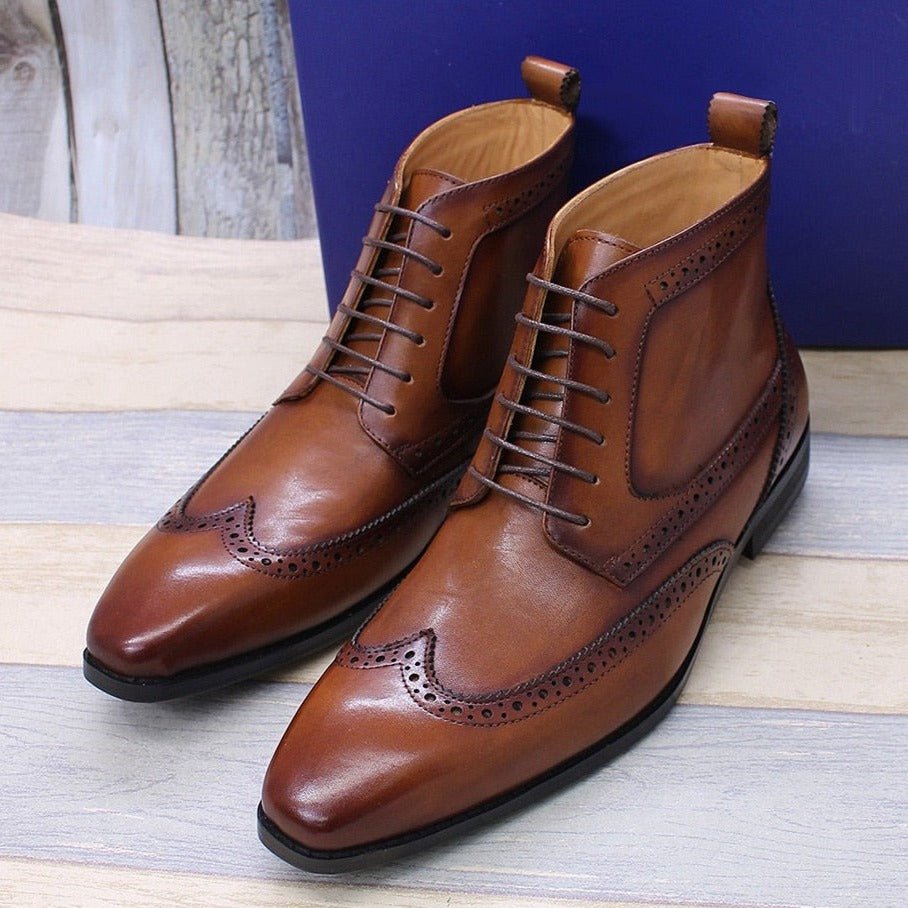 Handmade Leather Lace-Up Wingtip Ankle Boots - Ideal Place Market