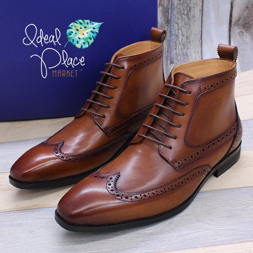 Handmade Leather Lace-Up Wingtip Ankle Boots - Ideal Place Market