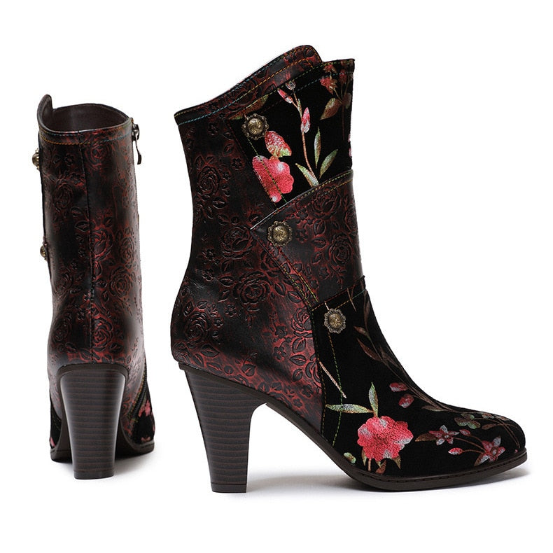 Handmade Mixed Floral Embossed Leather Zip-Up Boots