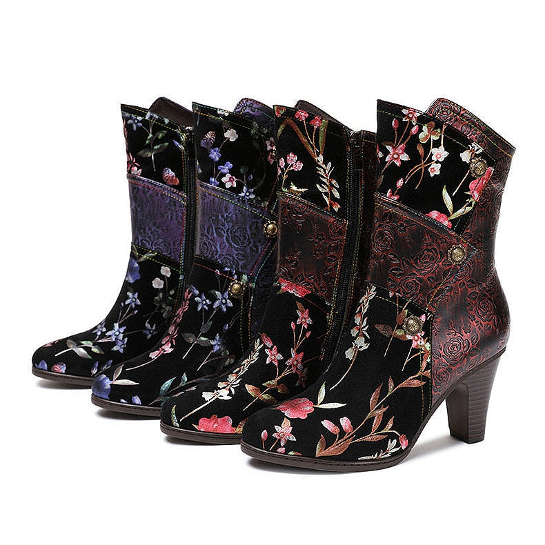 Handmade Mixed Floral Embossed Leather Zip-Up Boots