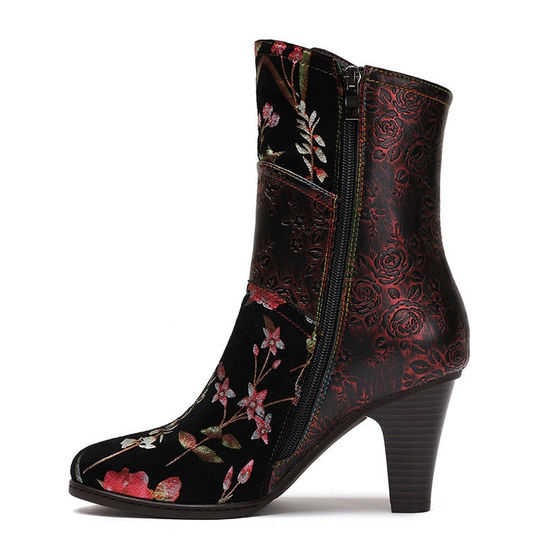 Handmade Mixed Floral Embossed Leather Zip-Up Boots