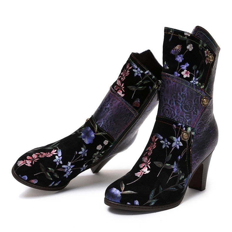 Handmade Mixed Floral Embossed Leather Zip-Up Boots