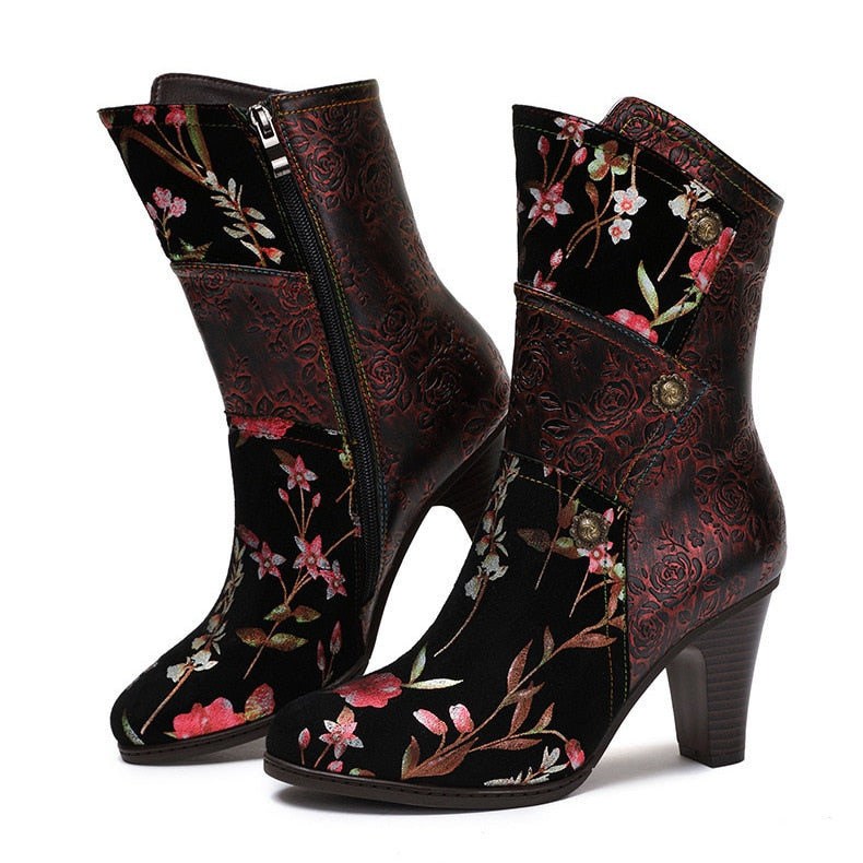 Handmade Mixed Floral Embossed Leather Zip-Up Boots