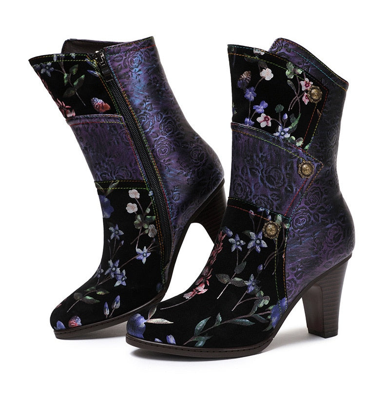 Handmade Mixed Floral Embossed Leather Zip-Up Boots