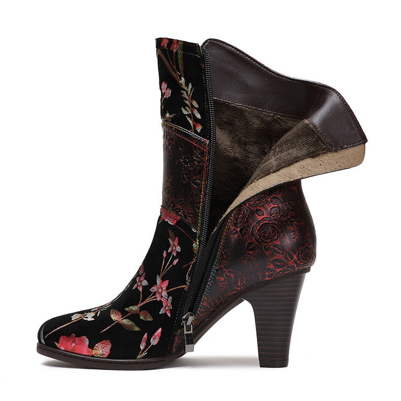 Handmade Mixed Floral Embossed Leather Zip-Up Boots