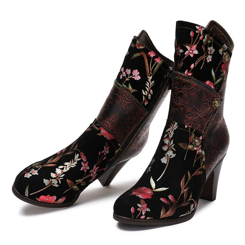 Handmade Mixed Floral Embossed Leather Zip-Up Boots