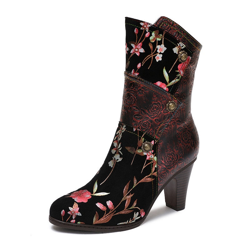 Handmade Mixed Floral Embossed Leather Zip-Up Boots