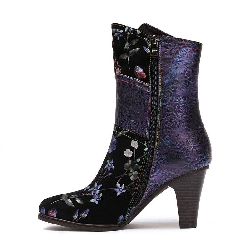 Handmade Mixed Floral Embossed Leather Zip-Up Boots