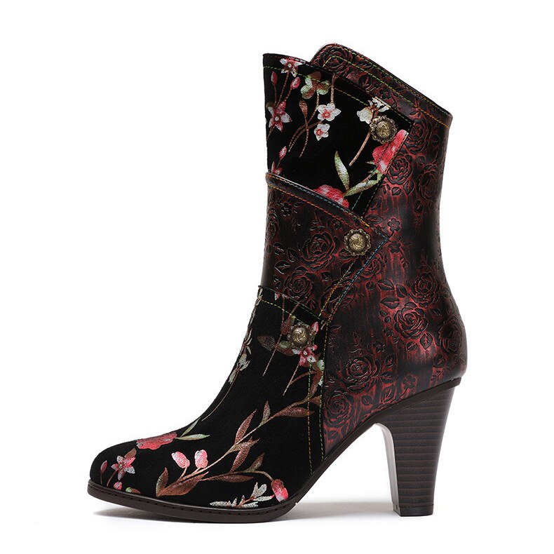 Handmade Mixed Floral Embossed Leather Zip-Up Boots