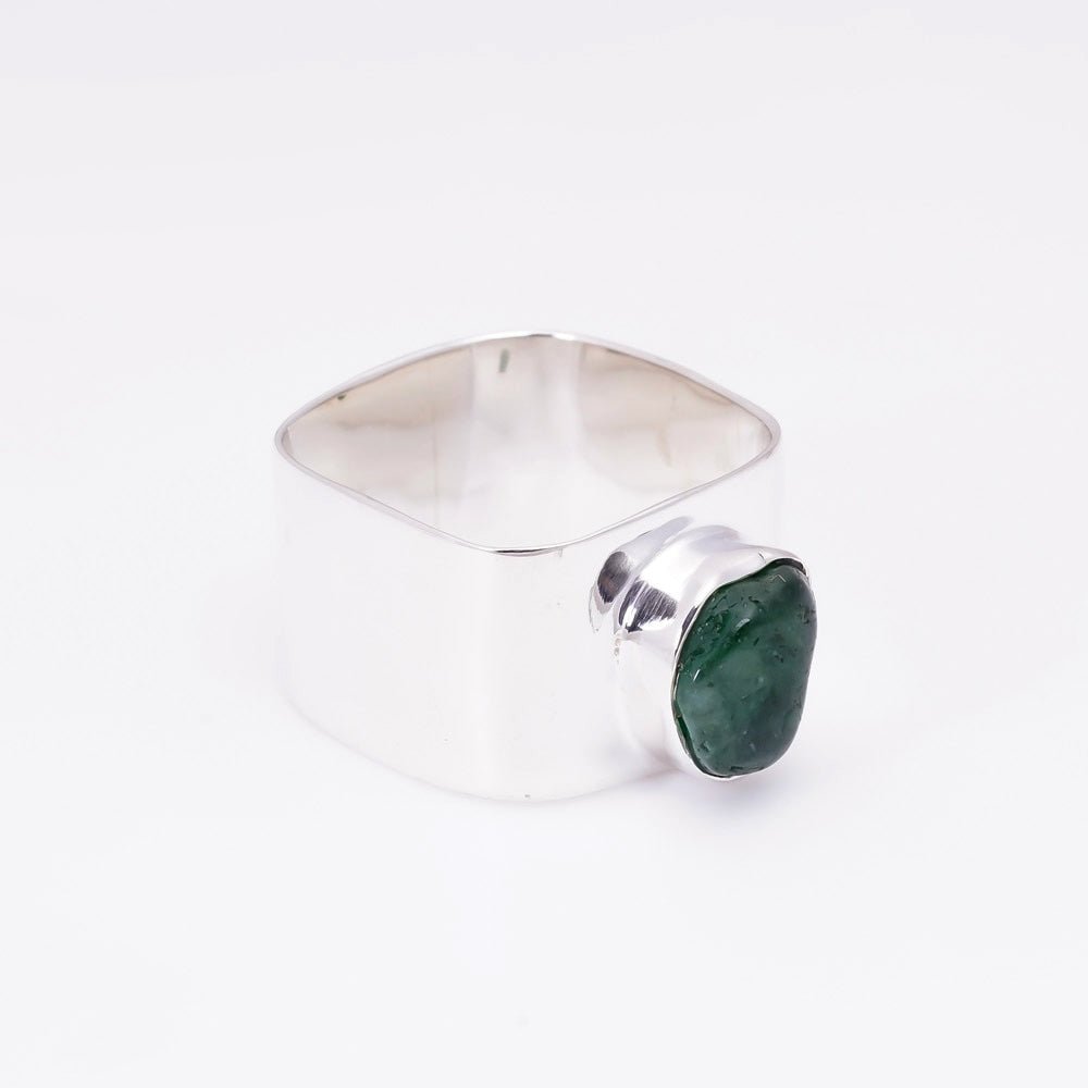 Handmade Natural Raw Emerald in S925 Silver Squared Ring - Ideal Place Market