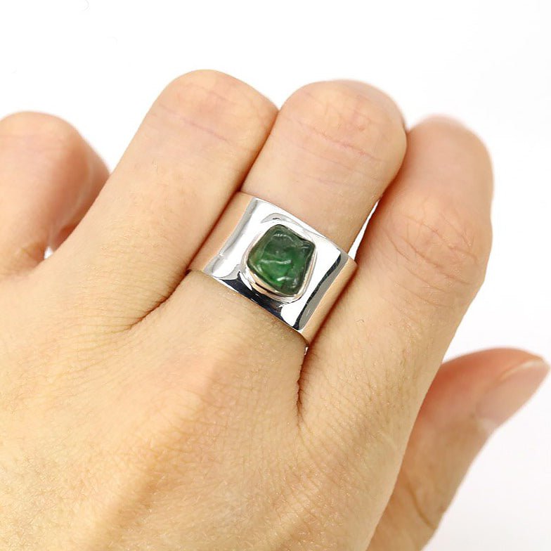 Handmade Natural Raw Emerald in S925 Silver Squared Ring - Ideal Place Market