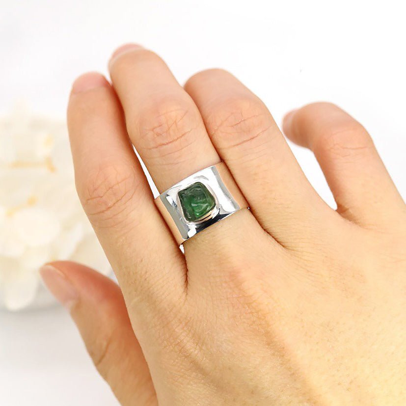 Handmade Natural Raw Emerald in S925 Silver Squared Ring - Ideal Place Market