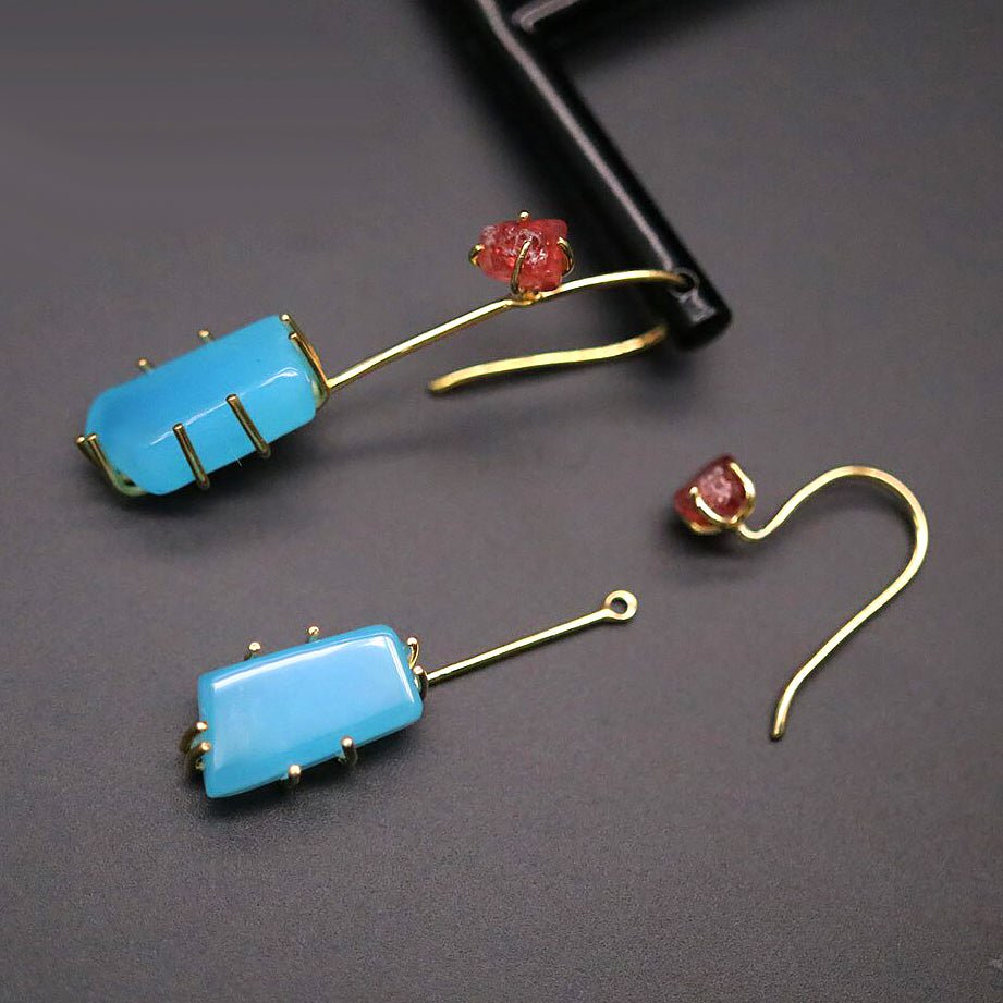 Handmade Rough Red Spinel & Blue Chalcedony Drop Earrings - Ideal Place Market