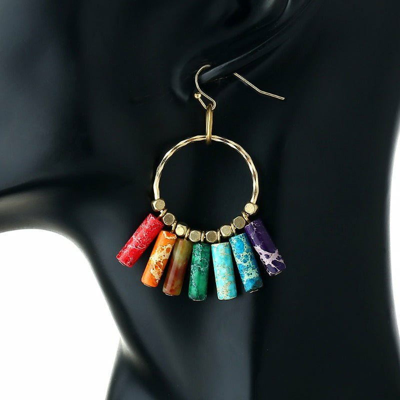 Healing 7 Chakras Imperial Jasper & Brass Bead Dangle Earrings - Ideal Place Market