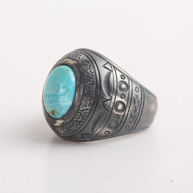 Indian Etched Sterling Silver Turquoise Inlaid Ring - Ideal Place Market