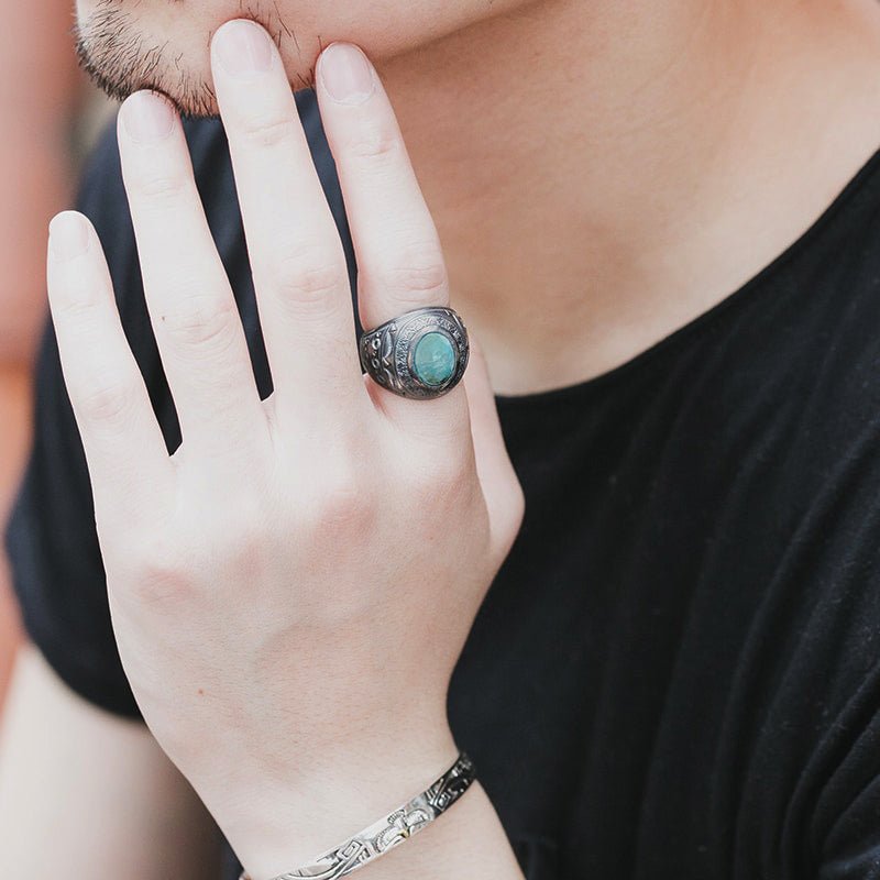 Indian Etched Sterling Silver Turquoise Inlaid Ring - Ideal Place Market