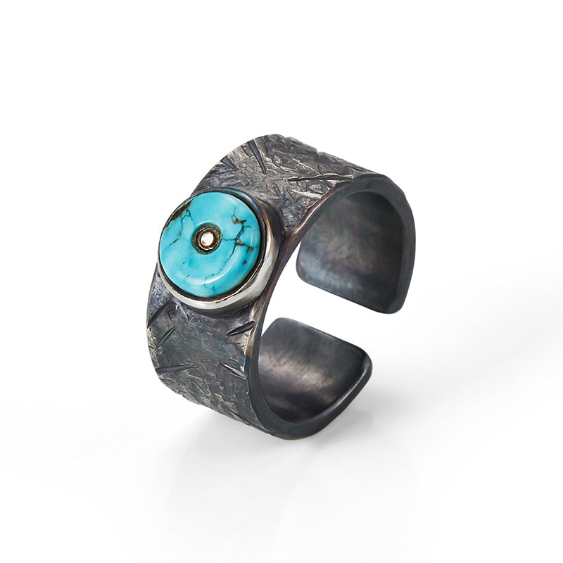 Inlaid Blue Turquoise in Oxidized S925 Silver Ring