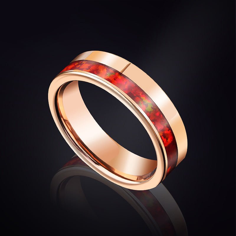 Inlayed Red Opal in Rose Gold Tungsten Ring - Ideal Place Market