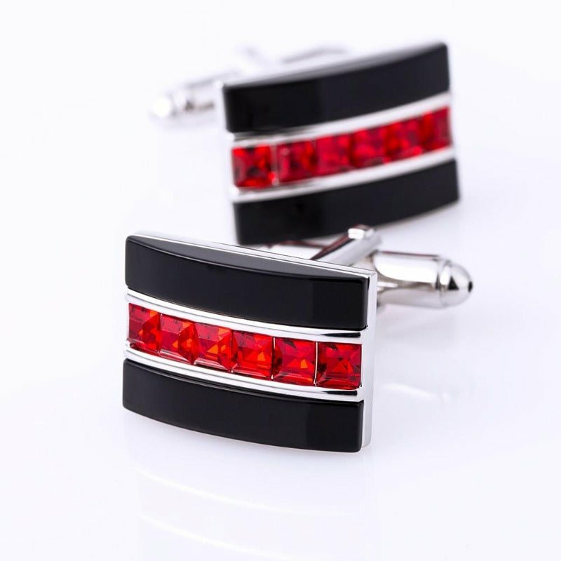 Jet Black on Silver Cufflinks with Channel Set Red Crystals - Ideal Place Market