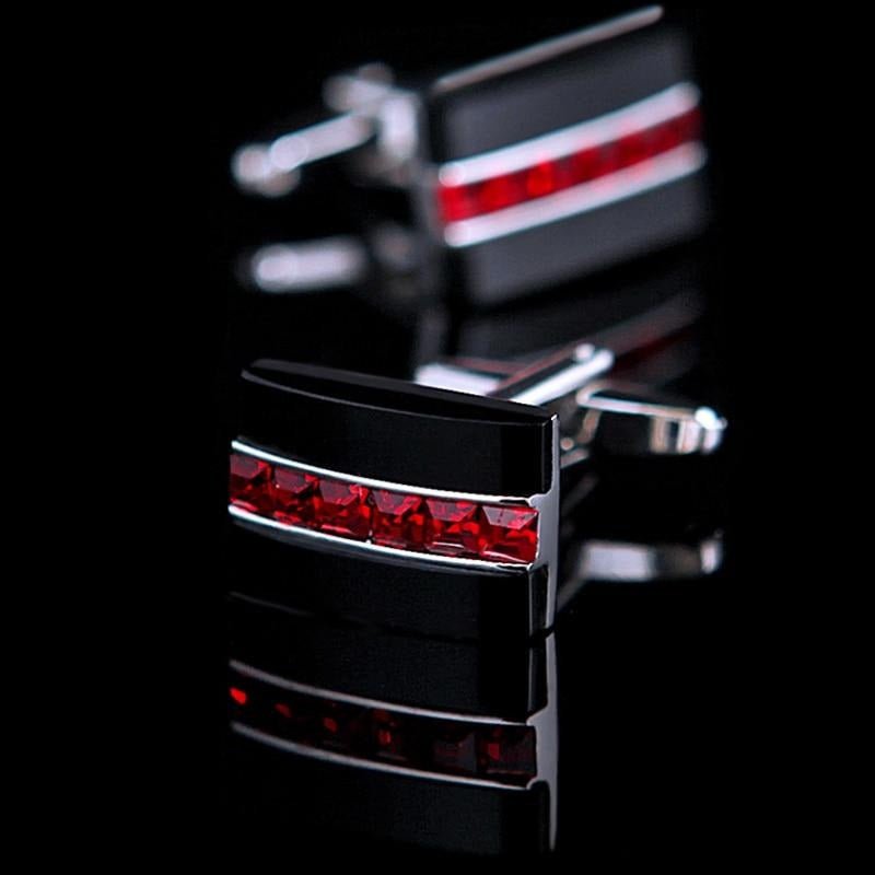 Jet Black on Silver Cufflinks with Channel Set Red Crystals - Ideal Place Market