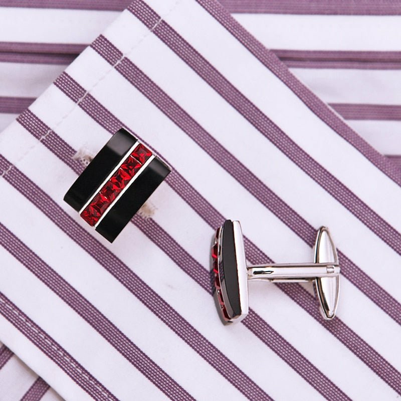 Jet Black on Silver Cufflinks with Channel Set Red Crystals - Ideal Place Market