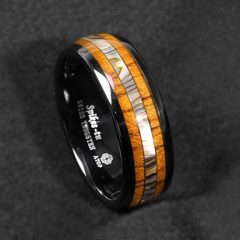 Koa Wood, Abalone & Black Tungsten Carbide Ring for Men - Ideal Place Market