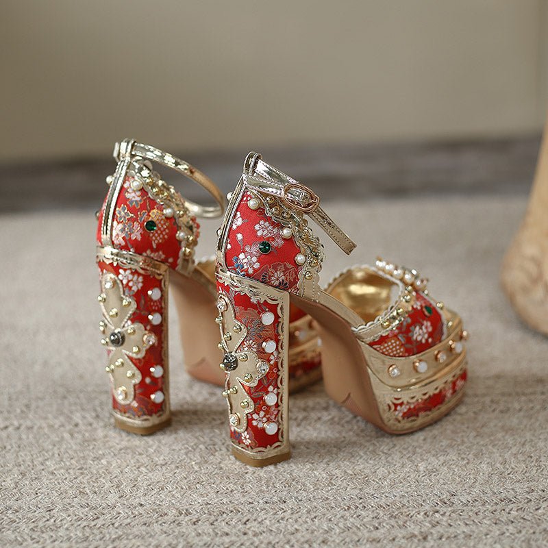 Louis XIV Embroidered Satin Jacquard Super High Bejewelled Platform Sandals - Ideal Place Market