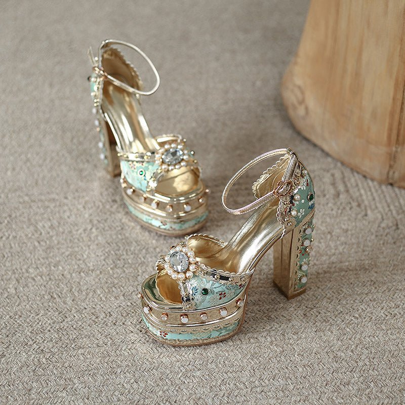 Louis XIV Embroidered Satin Jacquard Super High Bejewelled Platform Sandals - Ideal Place Market