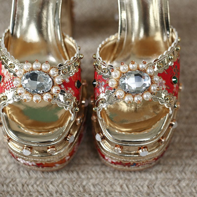 Louis XIV Embroidered Satin Jacquard Super High Bejewelled Platform Sandals - Ideal Place Market