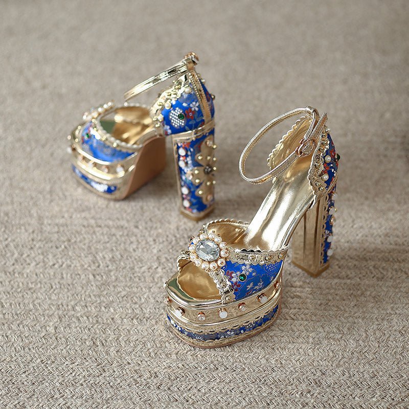 Louis XIV Embroidered Satin Jacquard Super High Bejewelled Platform Sandals - Ideal Place Market