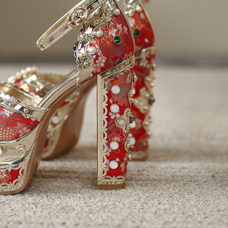 Louis XIV Embroidered Satin Jacquard Super High Bejewelled Platform Sandals - Ideal Place Market