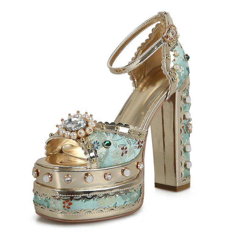 Louis XIV Embroidered Satin Jacquard Super High Bejewelled Platform Sandals - Ideal Place Market