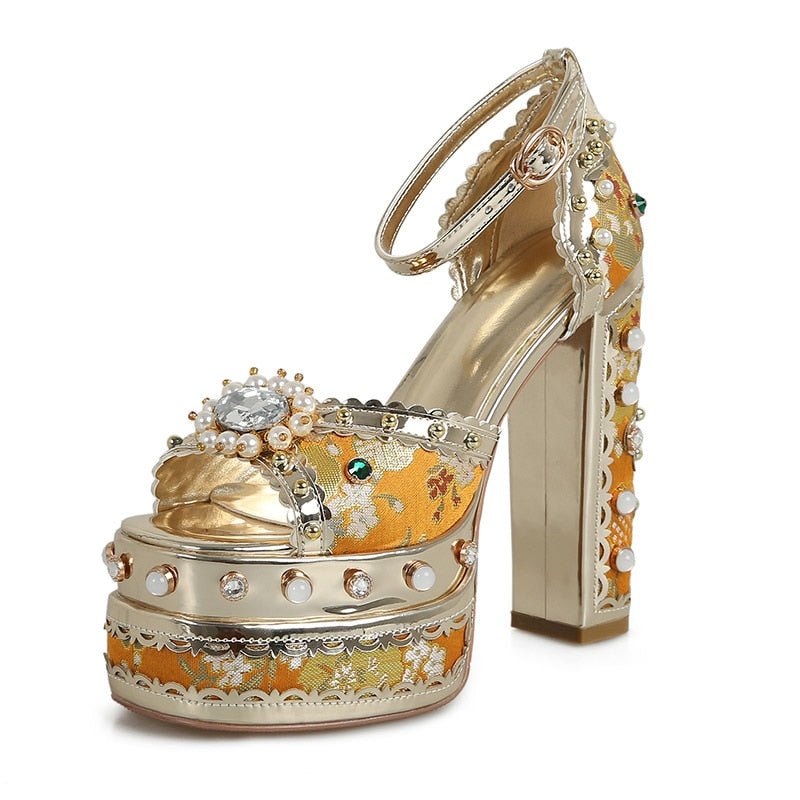 Louis XIV Embroidered Satin Jacquard Super High Bejewelled Platform Sandals - Ideal Place Market