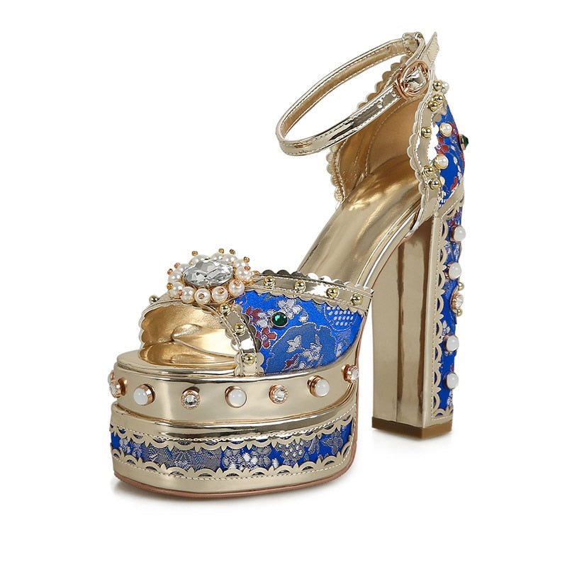 Louis XIV Embroidered Satin Jacquard Super High Bejewelled Platform Sandals - Ideal Place Market