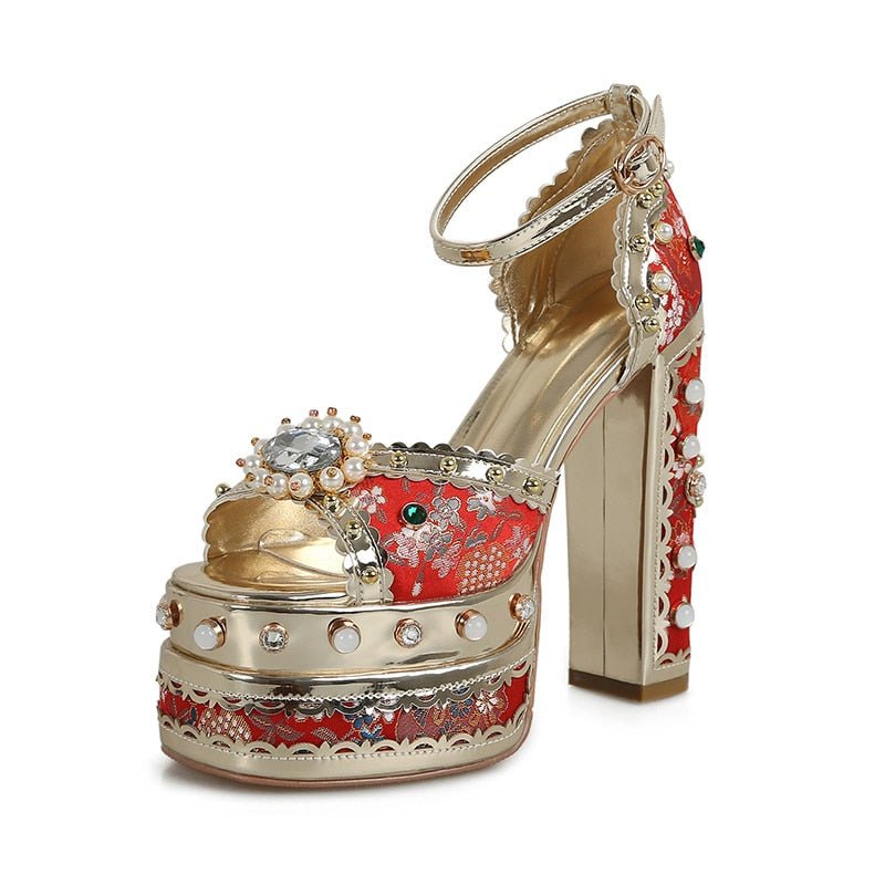 Louis XIV Embroidered Satin Jacquard Super High Bejewelled Platform Sandals - Ideal Place Market