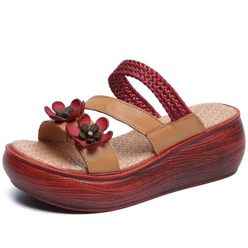 Luxurious Braided Tanned Cowhide Flower Power Platform Slides - Ideal Place Market