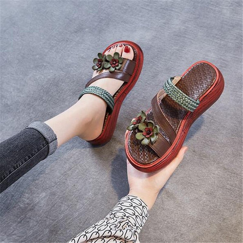 Luxurious Braided Tanned Cowhide Flower Power Platform Slides - Ideal Place Market