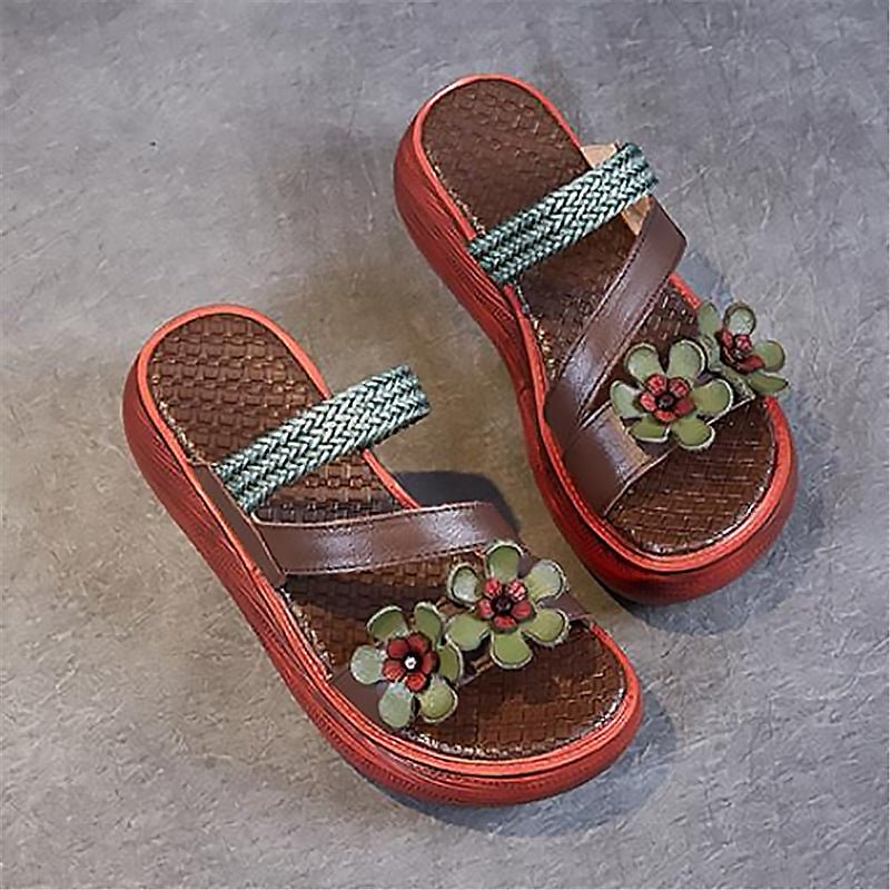 Luxurious Braided Tanned Cowhide Flower Power Platform Slides - Ideal Place Market