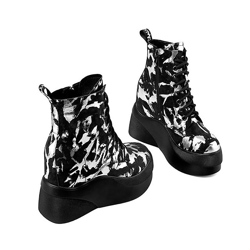 Luxurious Cowhide Abstract Multi-Shade Thick Flat Platform Ankle Boots - Ideal Place Market