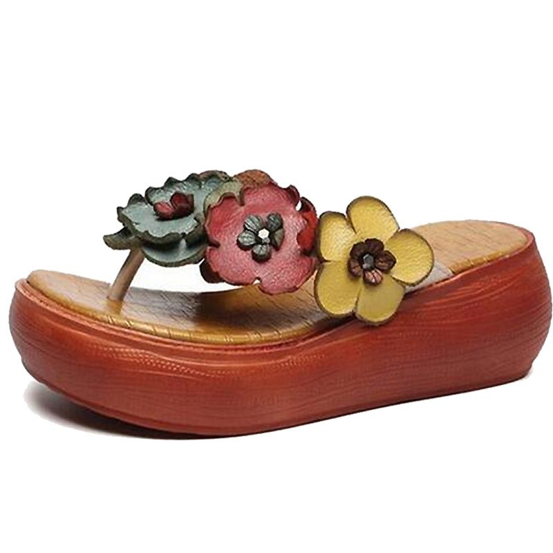 Luxurious Tanned Cowhide Flower Power Platform Flip-Flops - Ideal Place Market