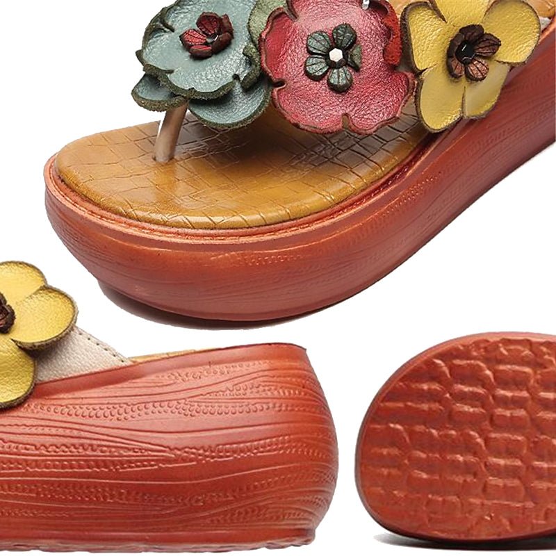 Luxurious Tanned Cowhide Flower Power Platform Flip-Flops - Ideal Place Market