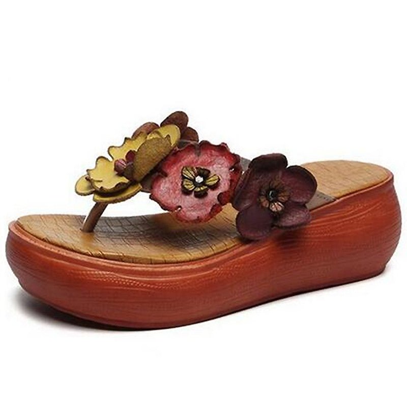 Luxurious Tanned Cowhide Flower Power Platform Flip-Flops - Ideal Place Market